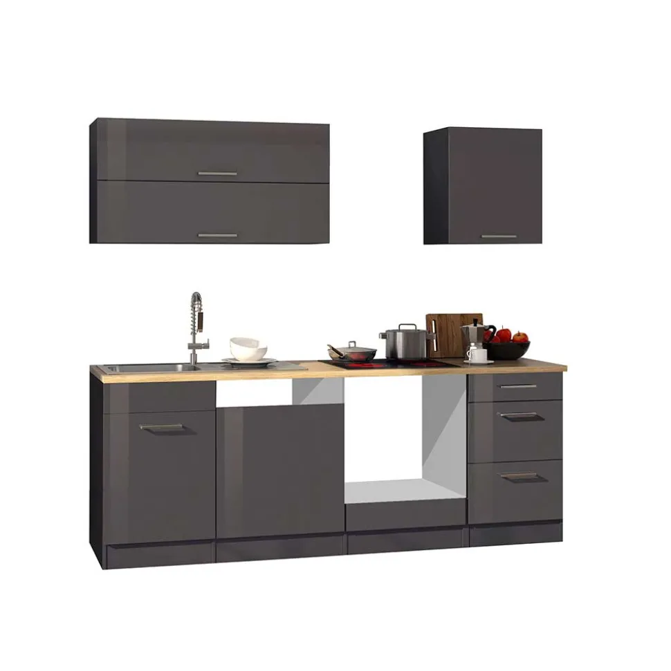 220 cm breit Kompakt-Küche in Grau - Bozenia (sechsteilig)