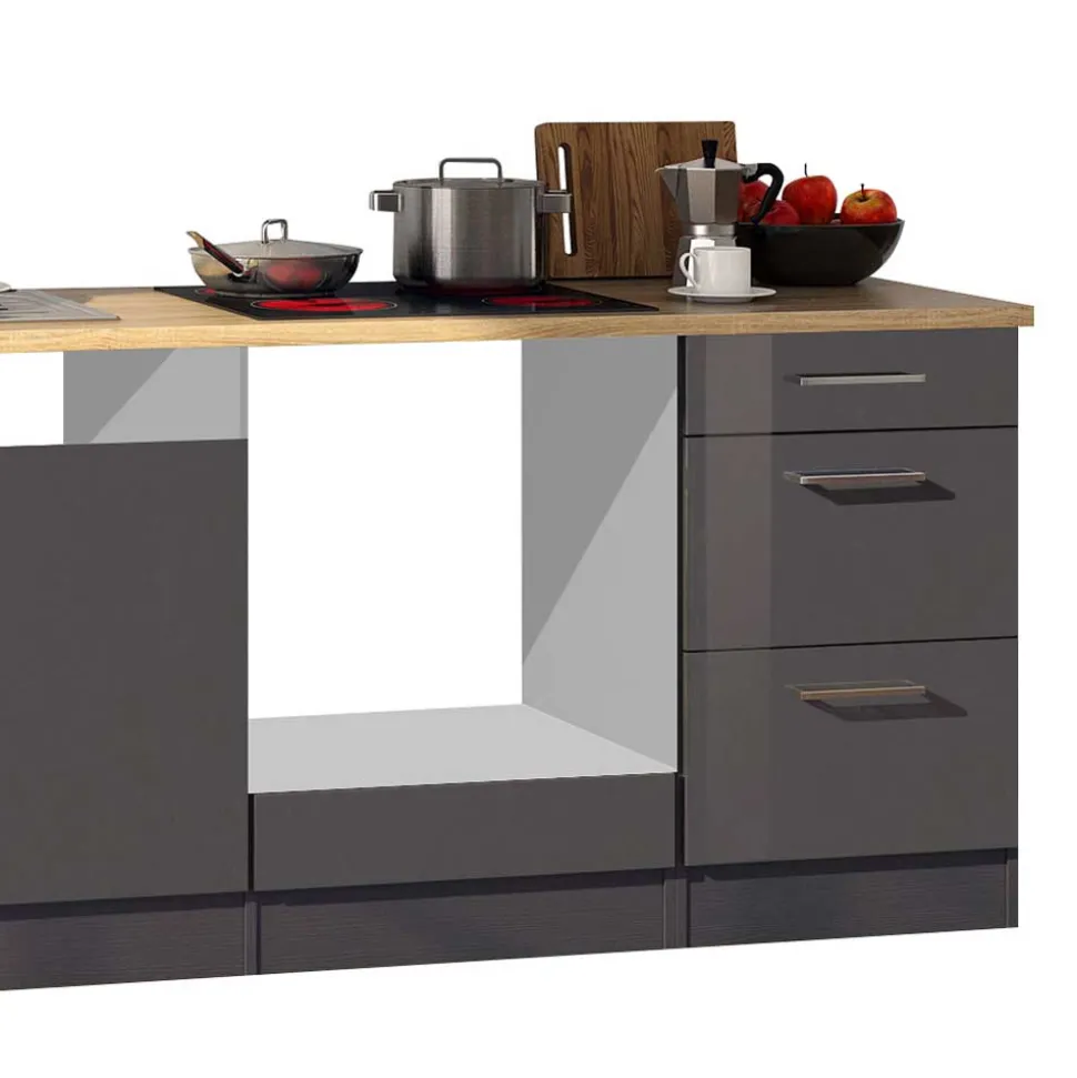 220 cm breit Kompakt-Küche in Grau - Bozenia (sechsteilig)