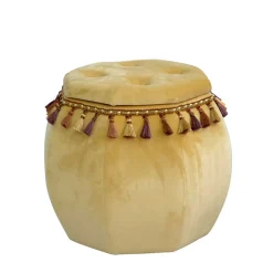 Achteckiger Hocker mit Samt in Beige & Troddeln - Trashing