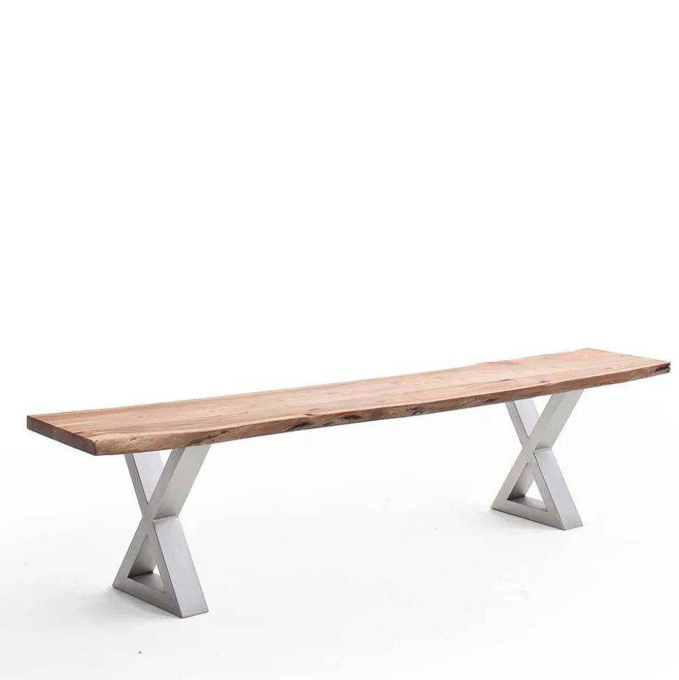 Akazie Esstischbank mit Edelstahl X-Beinen - Sarados