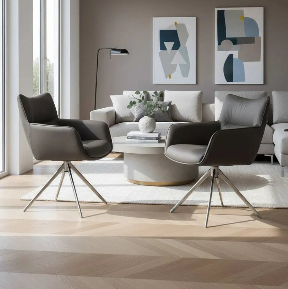 Armlehnenstuhl in Anthrazit Leder - Carbonaro (2er Set)