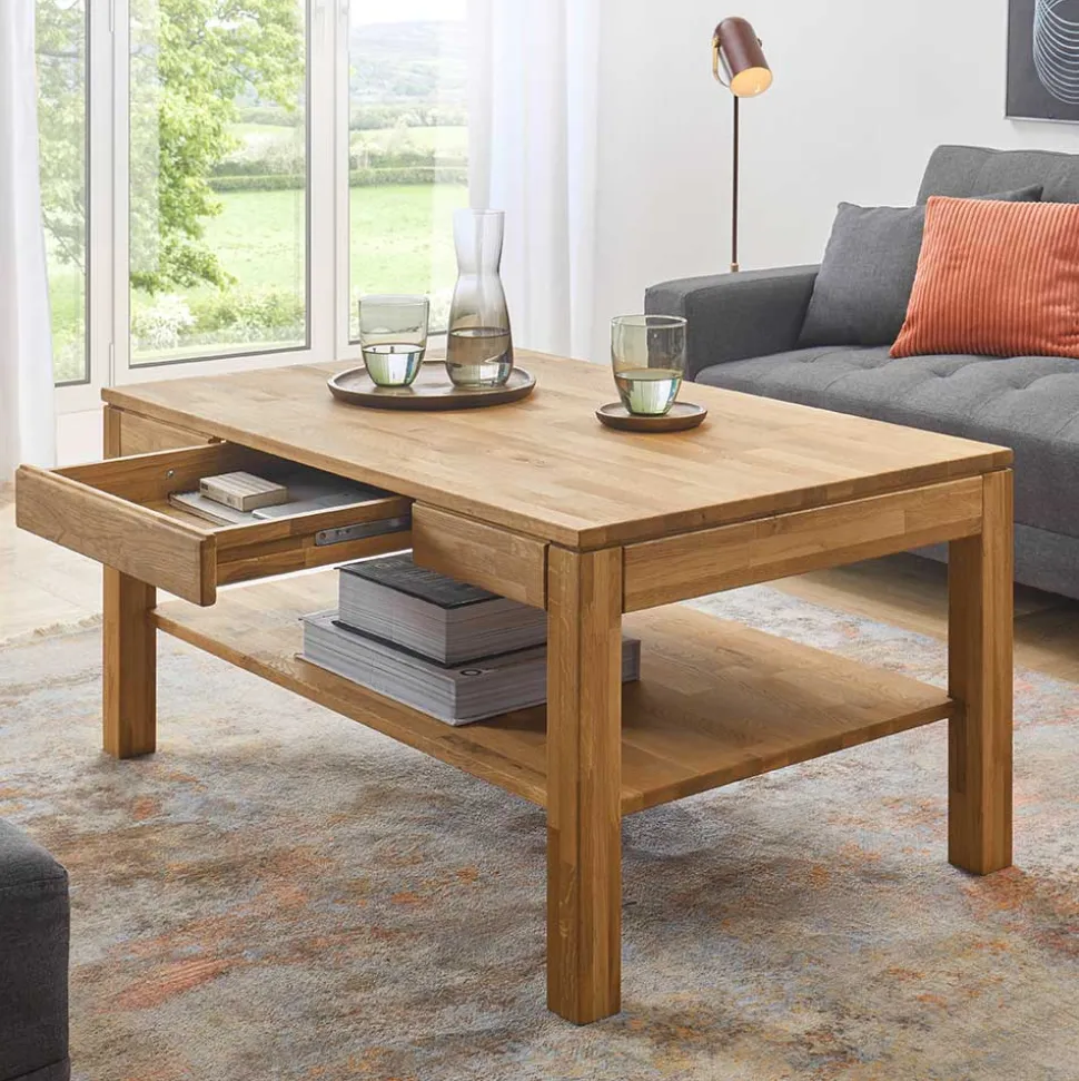 Asteiche Sofatisch mit Schublade und Ablage - Hoxtona