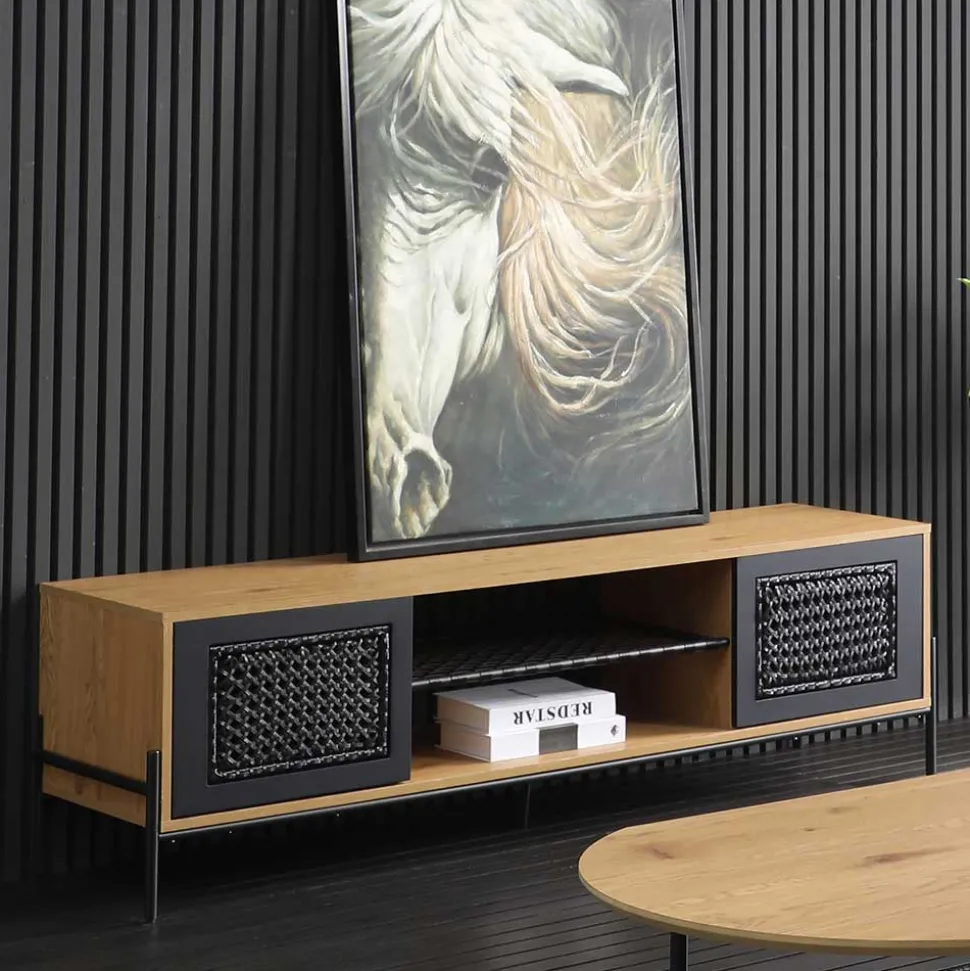 Ausgefallenes TV Board mit Kunstrattan Einsätzen - Zavias