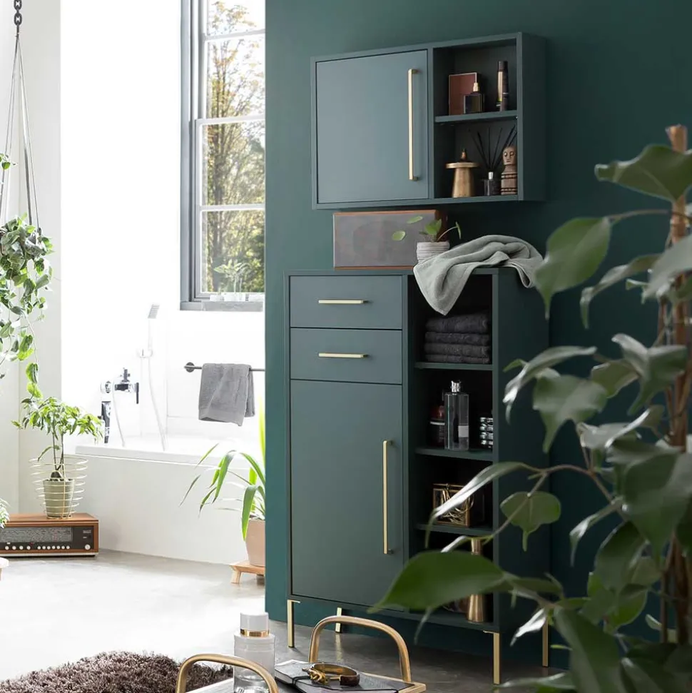 Badezimmer Highboard in Dunkelgrün & Gold - Aqua