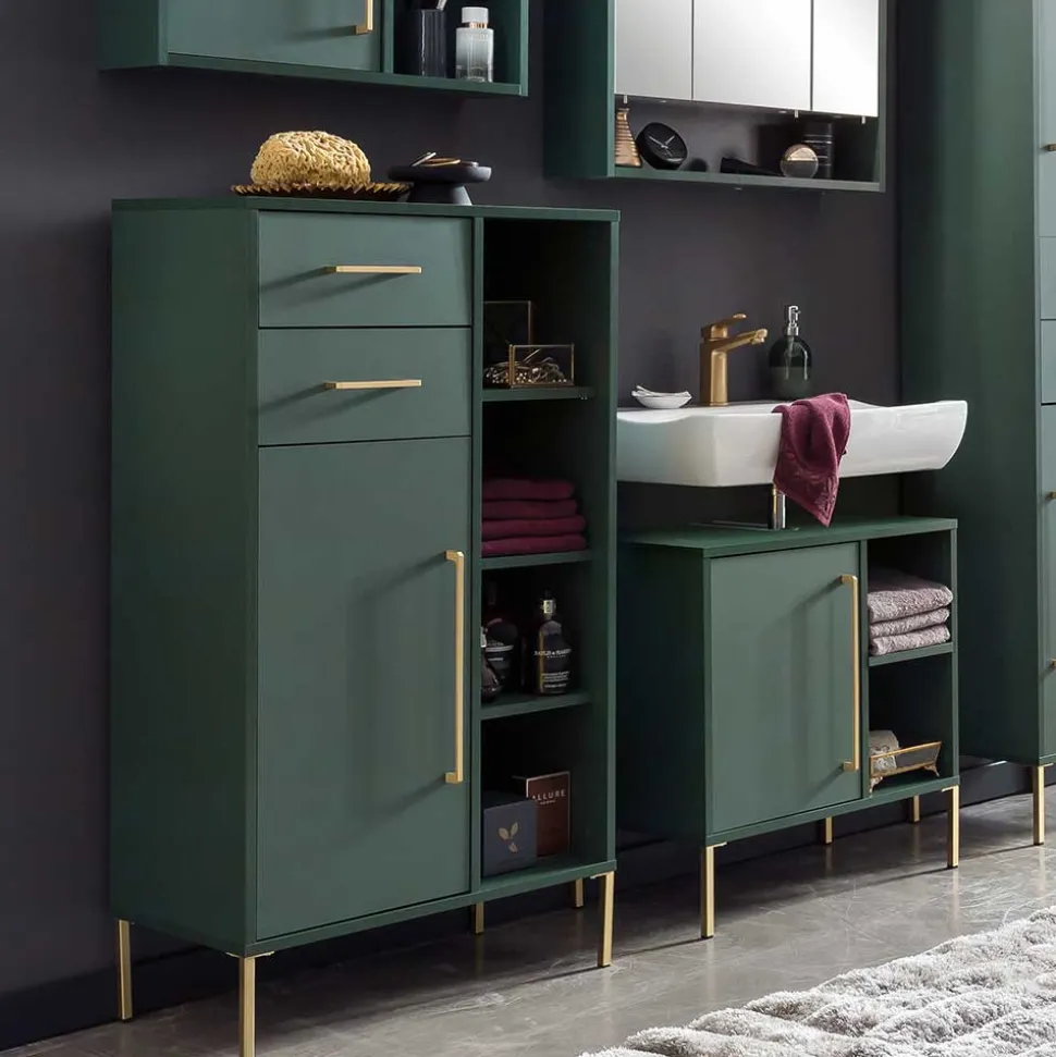 Badezimmer Highboard in Dunkelgrün & Gold - Aqua