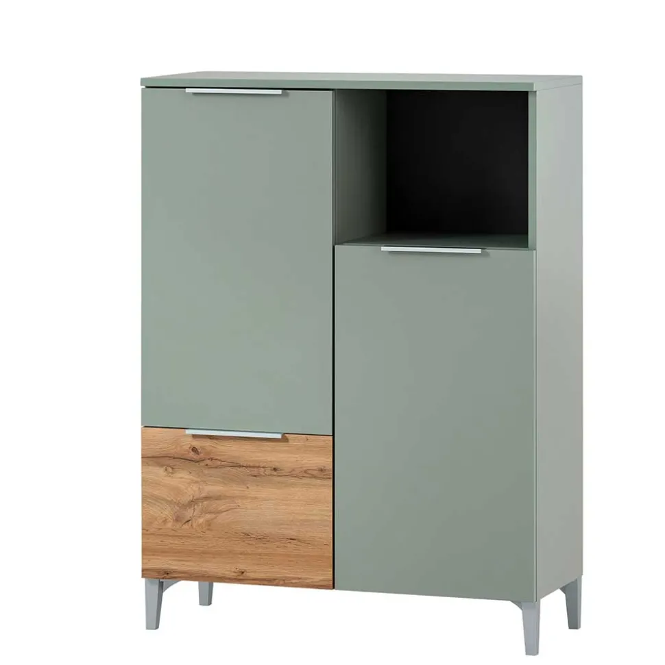 Badezimmer Highboard in Graugrün und Eiche - Liz