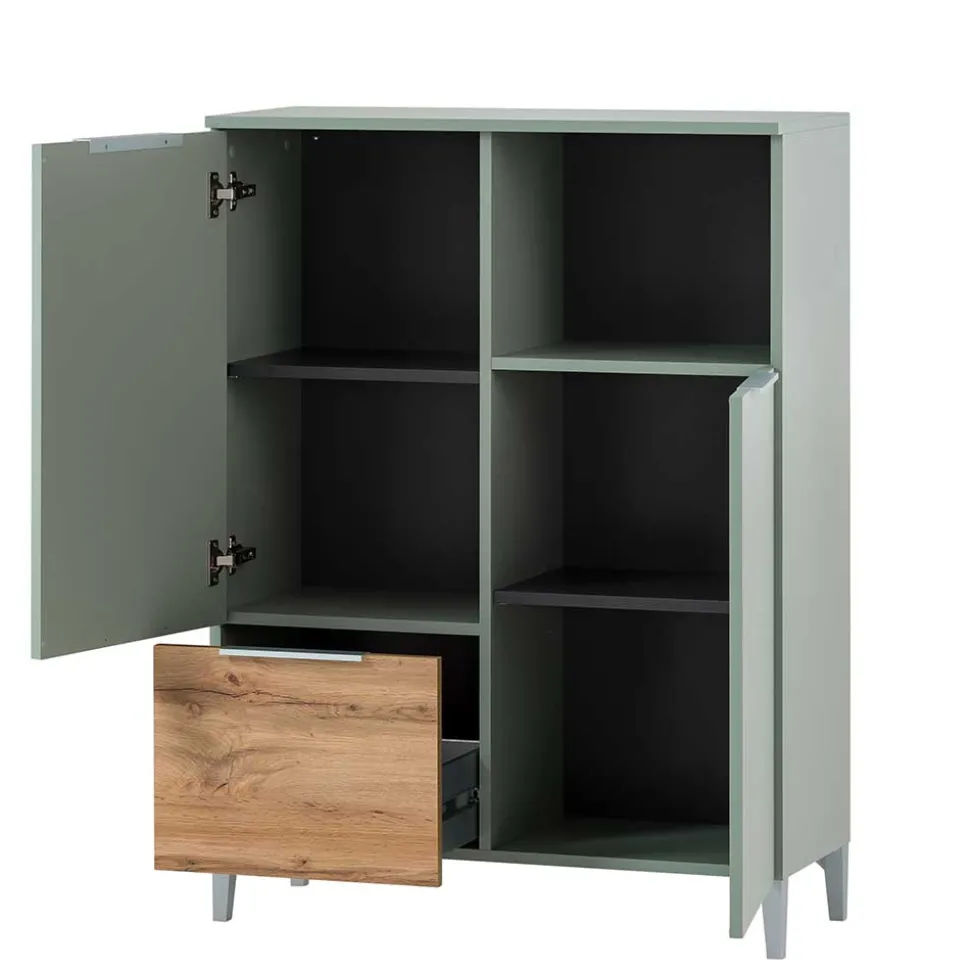 Badezimmer Highboard in Graugrün und Eiche - Liz