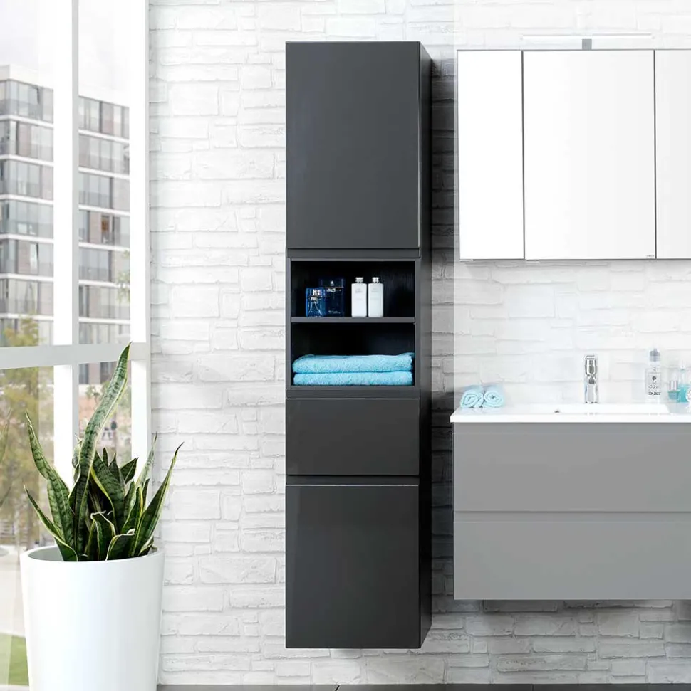 Badezimmer Hochschrank Blaxin in Anthrazit Hochglanz