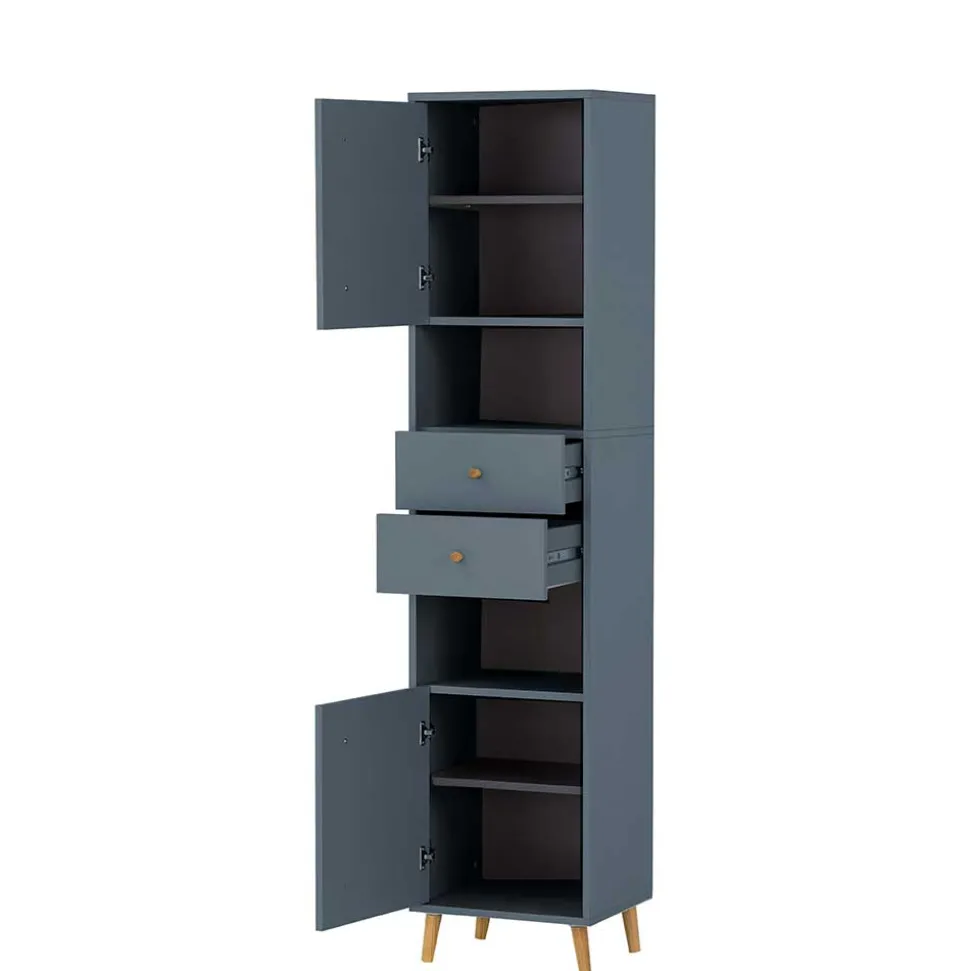 Badezimmer Hochschrank in Petrol Blau & Eiche - Matrera