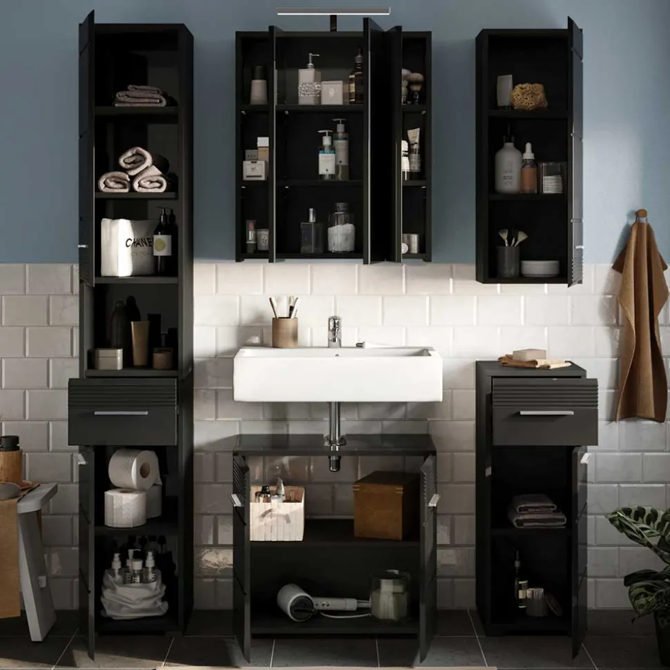 Badezimmer Möbelblock in Schwarz - Culina (fünfteilig)