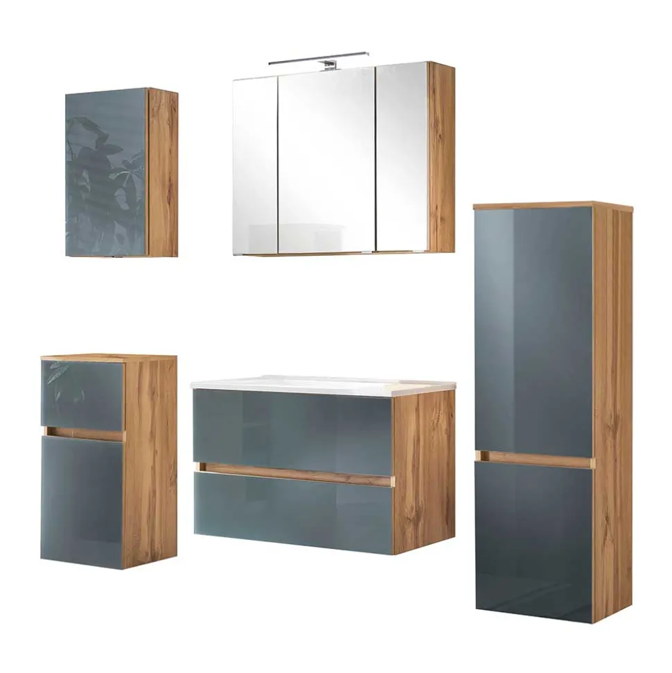 Badmöbel Kombination in Grau Glas - Anviletca (fünfteilig)