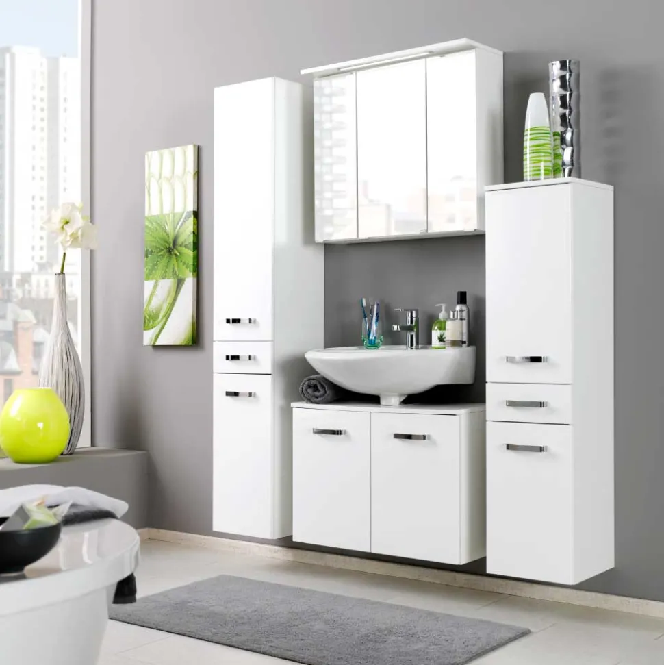 Badmöbel Set Sagunis in Hochglanz Weiß (vierteilig)