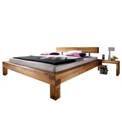 Balken-Doppelbett mit Nachttischen im Set Housten aus Wildeiche massiv (dreiteilig)