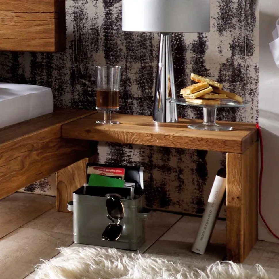 Balken-Doppelbett mit Nachttischen im Set Housten aus Wildeiche massiv (dreiteilig)