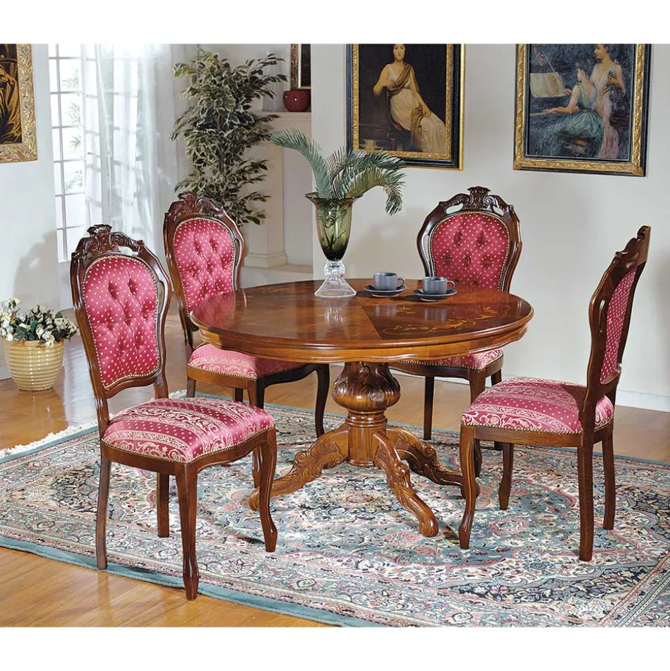 Barock Essgruppe mit Tisch rund Magari & 4 Polsterstühlen Rot (fünfteilig)
