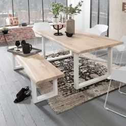 Baumkante Esstisch & Bank in White Wash - Tilveta (zweiteilig)