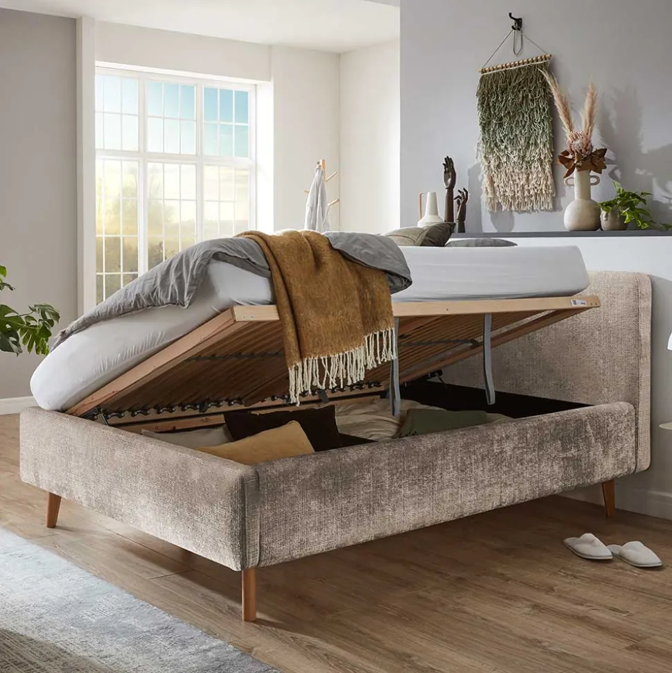 Beigefarbenes Polsterbett mit Bezug aus Boucle - Tudan