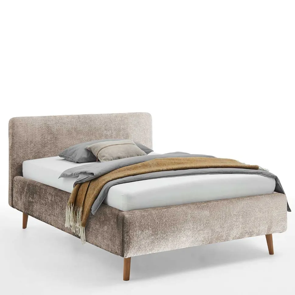 Beigefarbenes Polsterbett mit Bezug aus Boucle - Tudan