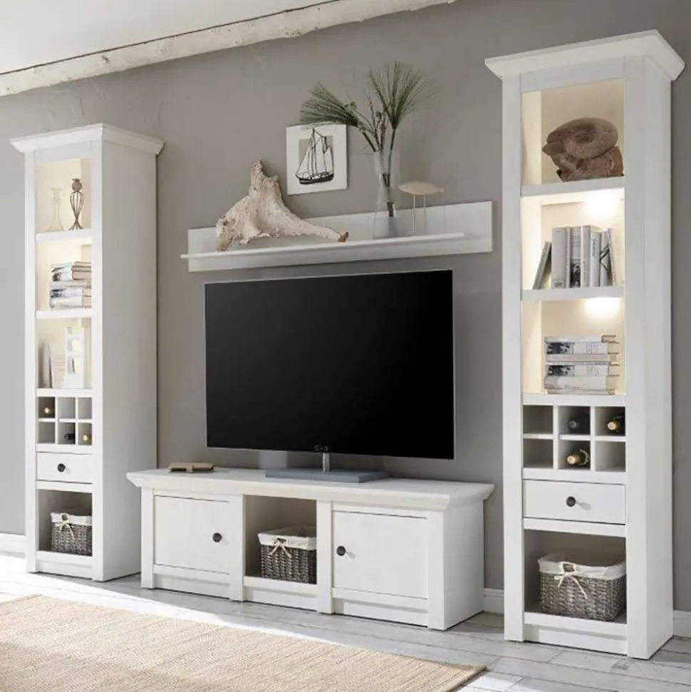 Beleuchtete Wohnwand Chelles im weißem Landhausstil (vierteilig)