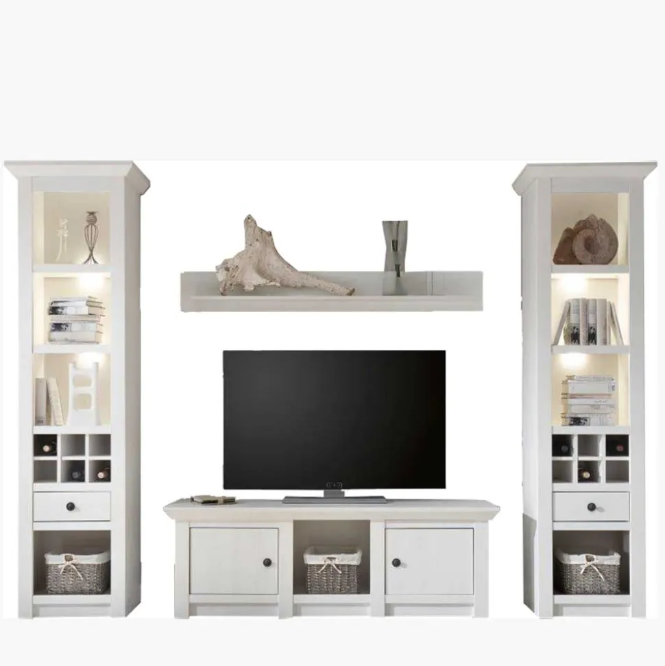 Beleuchtete Wohnwand Chelles im weißem Landhausstil (vierteilig)