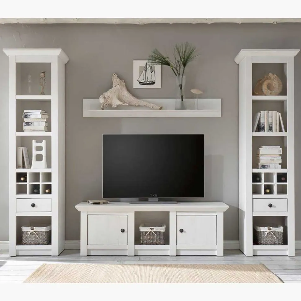 Beleuchtete Wohnwand Chelles im weißem Landhausstil (vierteilig)