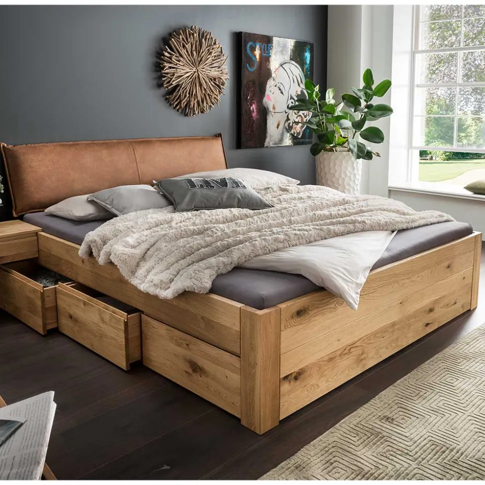 Bett mit sechs Schubladen aus Wildeiche massiv - Zennian