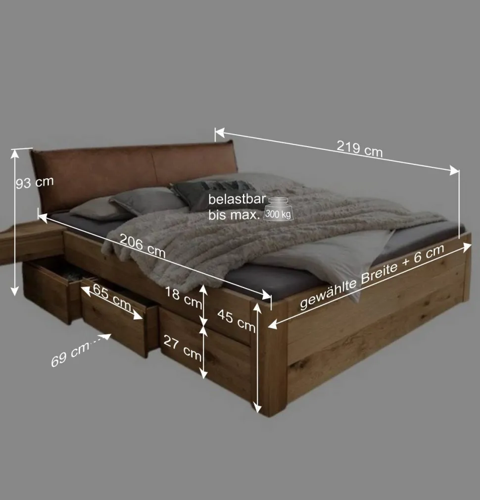 Bett mit sechs Schubladen aus Wildeiche massiv - Zennian