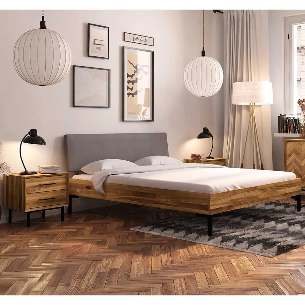 Bett mit Wildeiche Rahmen & Polsterkopfteil in Grau - Kerfa