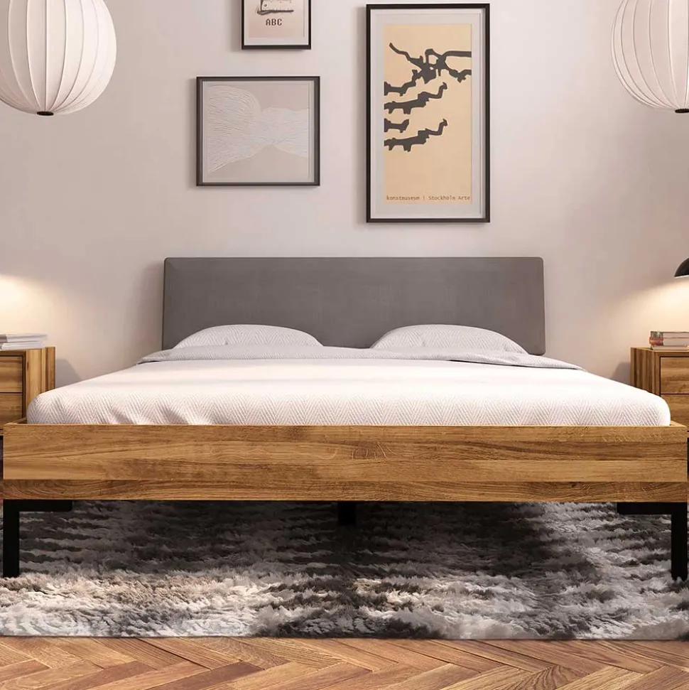 Bett mit Wildeiche Rahmen & Polsterkopfteil in Grau - Kerfa