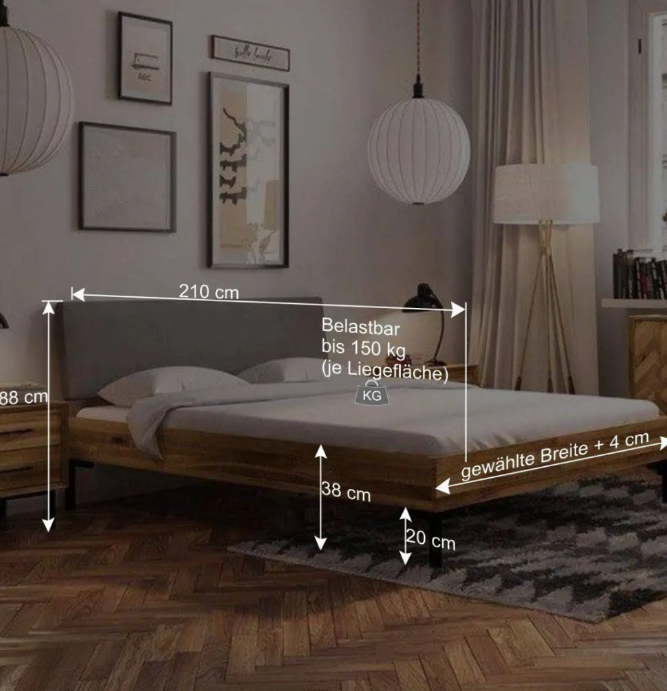 Bett mit Wildeiche Rahmen & Polsterkopfteil in Grau - Kerfa