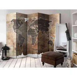 Brauner Design-Paravent Motiv Weltkarte - Lexiago