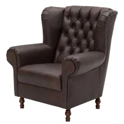 Brauner Federkernsessel mit Lederbezug - Chesterfield - Esmea