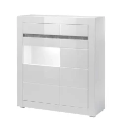 100cm breite Vitrine in Weiß Hochglanz Mextra mit Beton Dekor abgesetzt