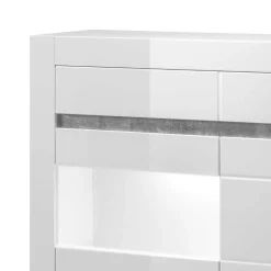 100cm breite Vitrine in Weiß Hochglanz Mextra mit Beton Dekor abgesetzt