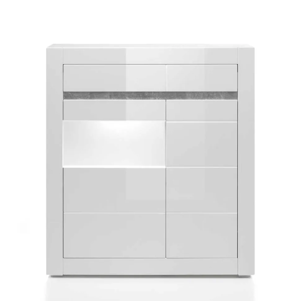 100cm breite Vitrine in Weiß Hochglanz Mextra mit Beton Dekor abgesetzt