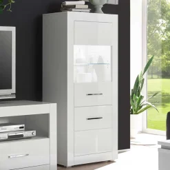 142cm hohe Vitrine in Hochglanz Weiß Yulis 2-türig mit Glaseinsatz