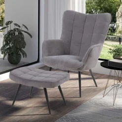 Cordsessel und Fußhocker in Grau - Zoryano (zweiteilig)