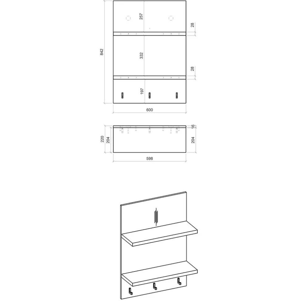 Country Style Wandboard mit 2 Böden & 3 Haken - Garisa