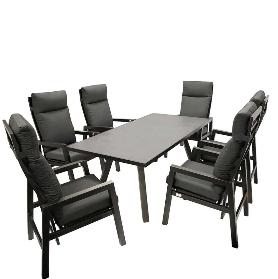 Design Gartentisch Gruppe in Dunkelgrau - Curedo (siebenteilig)