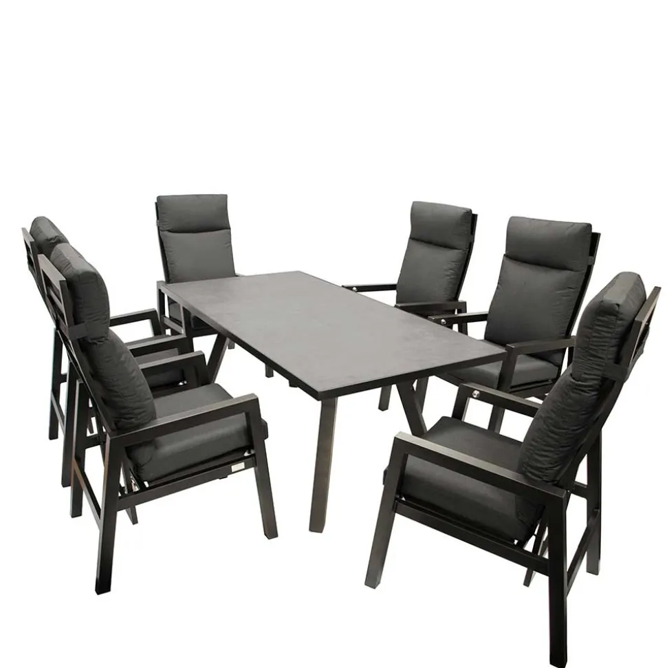 Design Gartentisch Gruppe in Dunkelgrau - Curedo (siebenteilig)