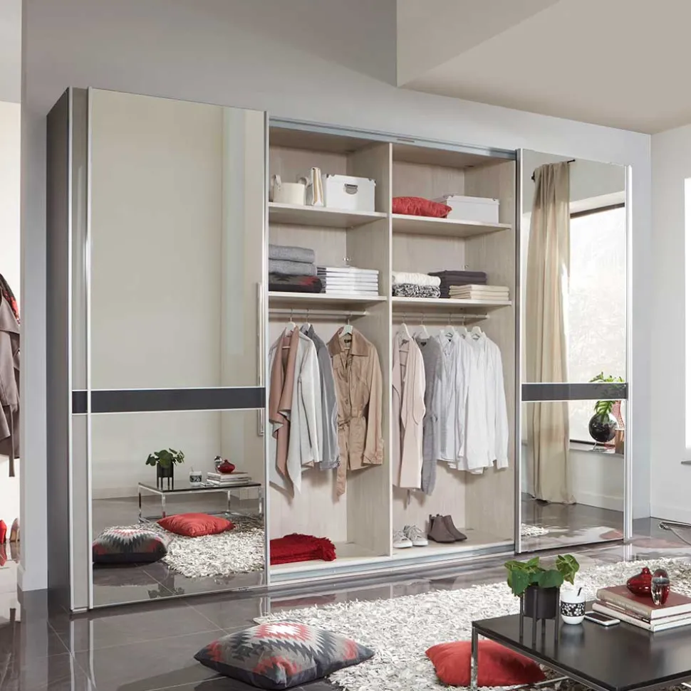 Design Schrank mit Spiegel & Glas Front Hellgrau - Capolyna