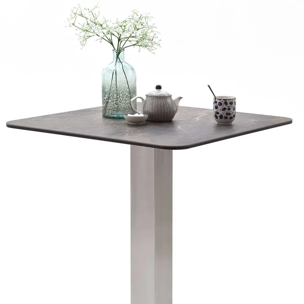 Design Stehtisch mit Glas Keramik in Braun Langton & Edelstahl Säulengestell