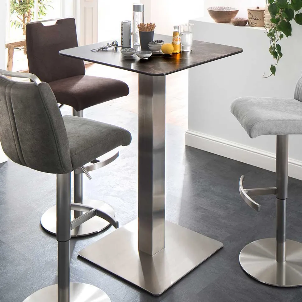 Design Stehtisch mit Glas Keramik in Braun Langton & Edelstahl Säulengestell