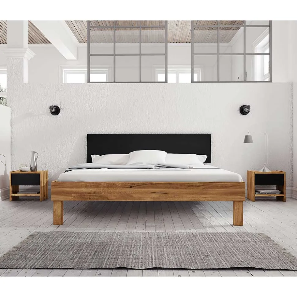 Design Wildeiche Bett & Nachttische - Olbysca (dreiteilig)