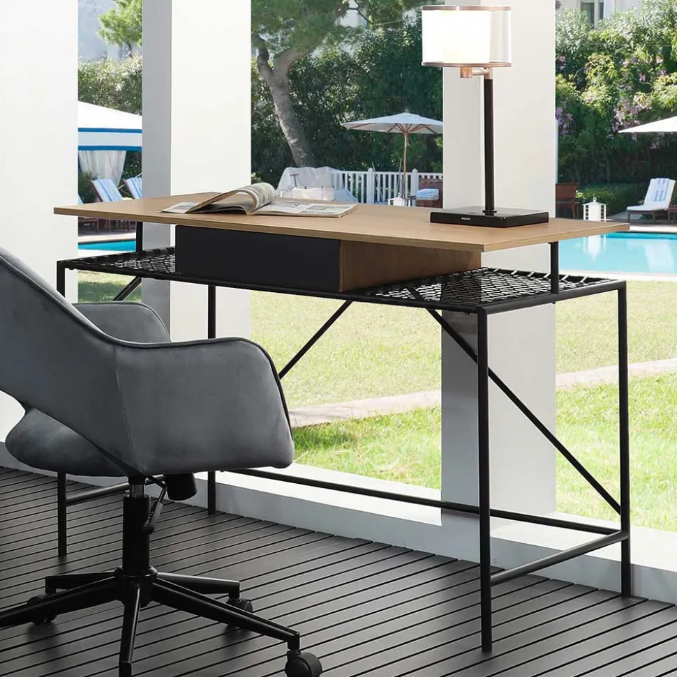 Designer Schreibtisch mit Ablagen aus Kunstrattan - Zavias