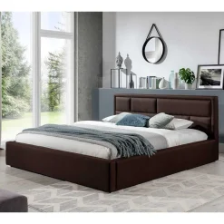 Doppelbett mit braunem Webstoffbezug - Selami