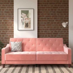 Dreisitzer Schlafcouch in Rosa Samtbezug - Norteba