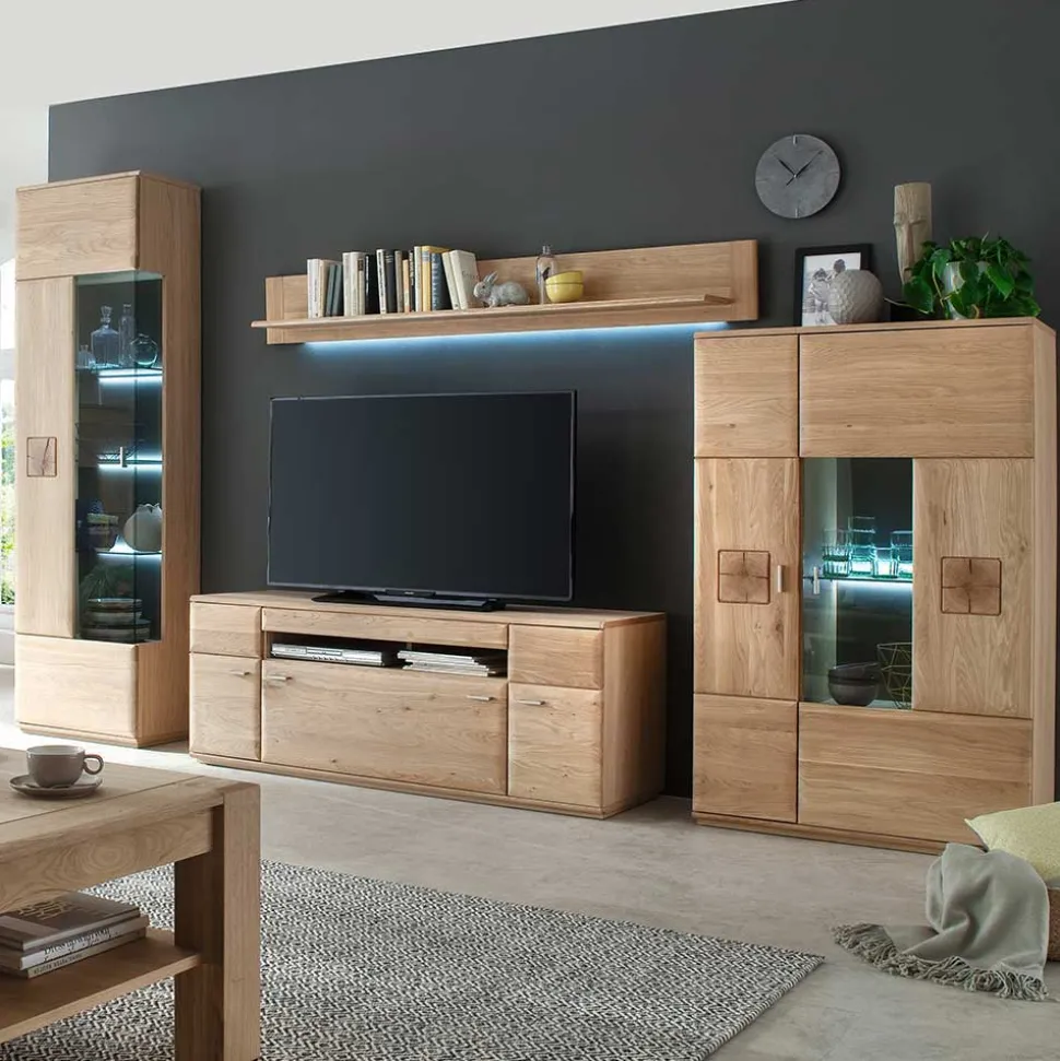 Edle Wohnwand mit 320cm Breite Pontros in Eiche Bianco teilmassiv (vierteilig)