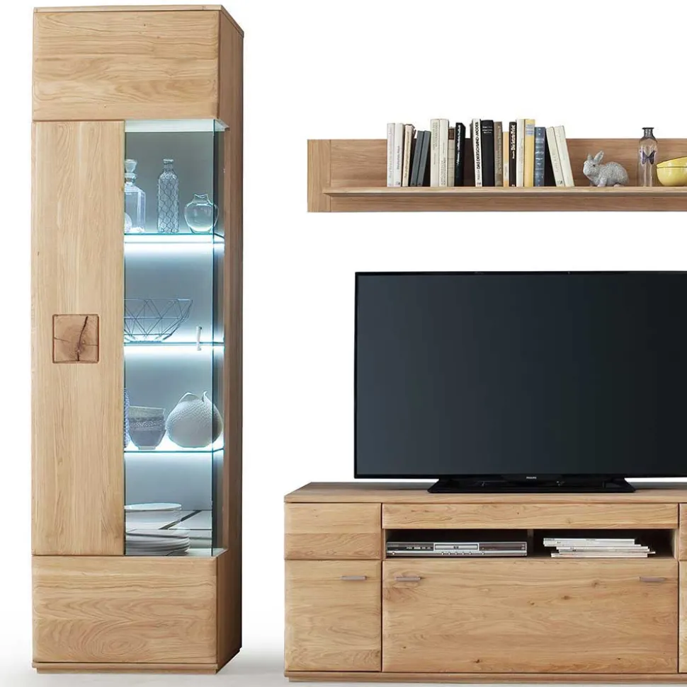 Edle Wohnwand mit 320cm Breite Pontros in Eiche Bianco teilmassiv (vierteilig)