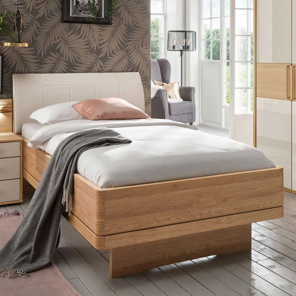 Einzelbett mit Kunstleder Kopfteil in Beige - Emdsiva